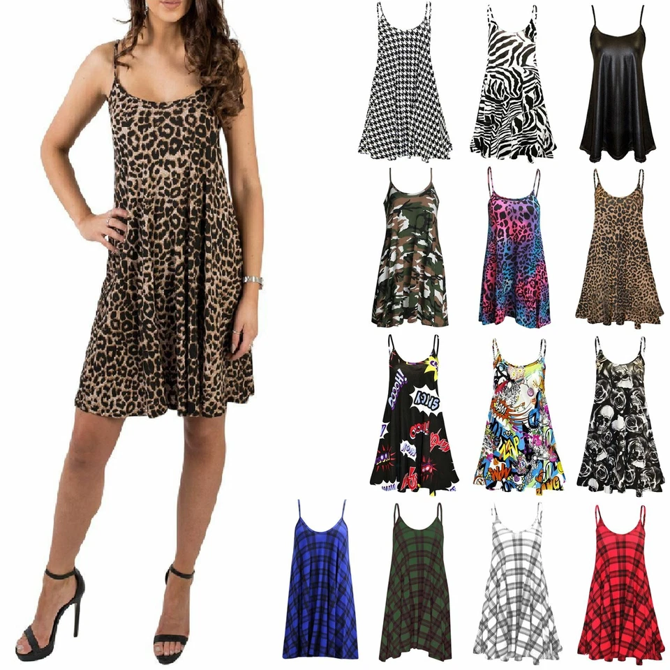 Womens Printed Cami Dress Ladies Strappy Swing Flared Summer Camisole Vest Top - Image 1 of 1