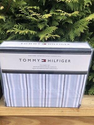 New Tommy Hilfiger 4 Piece FULL Sheet Set Stripes Blue, White , Navy 60% Cotton - Image 1 of 4