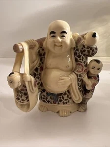Resin Cream Rubbing Belly Buddha Carrying 3 Children Hand Carved and Painted D3 - Picture 1 of 19