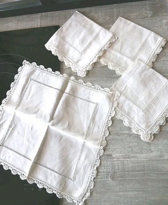 4 SERVIETTES à Thé Anciennes Brodées Ajourées avec Dentelle TBE - Photo 1/4