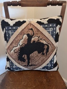 Vintage Cowboy Bucking Bronco Western Cow Print Tapestry & Faux Leather Pillow - Picture 1 of 8