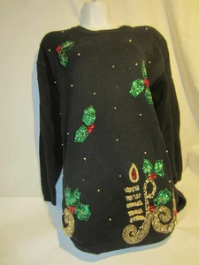VICTORIA HARBOUR black UGLY Christmas Sweater candle holly red green sequins M - Picture 1 of 4