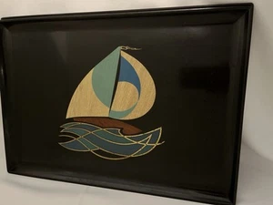 Couroc Monterey MCM Serving Tray Sailboat On Waves Sailing Ship Vtg 60s 18x12 - Picture 1 of 13