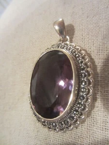Vintage Large Amethyst Pendant Set in Sterling Silver w/marcasite trim - Picture 1 of 4