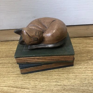 Wooden Hand Crafted Sleeping Curled Up Cat On Book Home Ornament Decoration 12cm - Picture 1 of 6