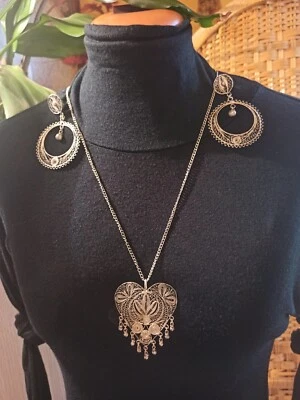 orecchini ciondolo catenina filigrana argento etnico VINTAGE - Immagine 1 di 3