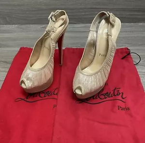 CHRISTIAN LOUBOUTIN Beige Glitter Lurex Fabric Stringy Platform Heels Size 37 - Picture 1 of 10