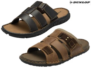 DUNLOP Men's Leather Sandals Adjustable Strap Soft Insole Brown Sliders - Picture 1 of 12