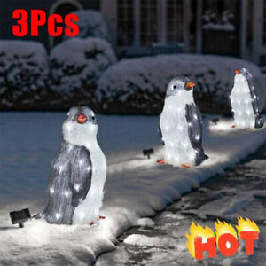 3x Christmas Penguin Acrylic Light Up Outdoor Figurine Garden Ground Lamp-Decors