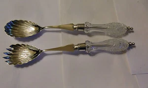 Coppia di cucchiai da portata in argento massiccio con manici in vetro tagliato - Birmingham 1887 - Foto 1 di 10