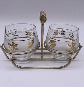 Mid Century Libbey Glas Zuckerschale und Milchkännchen mit Behälter (goldene Blätter) - Bild 1 von 4