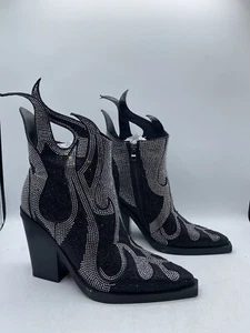 Women's Rhinestone Flame High Heel Cowboy Ankle Boots, Black / Silver, Size 39 - Picture 1 of 10