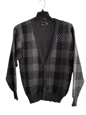 VTG Mens Cardigan Sweater Geometric Grandpa Medium Pure Wool Kurt Cobain 80s 90s - Image 1 of 4
