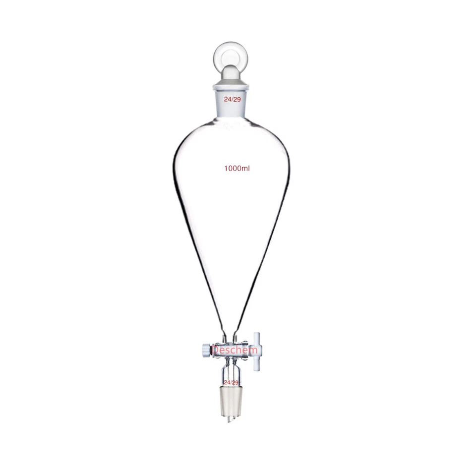 1000ml 24/29 Glass Pyriform Separatory Funnel Pear Shape 1 Litre PTFE Stopcock  - Image 1 of 1