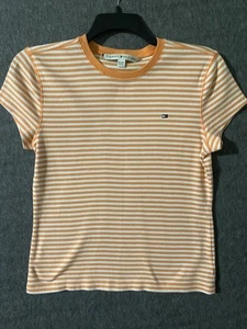 Vtg Tommy Hilfiger Shirt Junior XL Orange White Striped Crewneck Tee 2006 Y2K - Picture 1 of 7