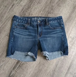 American Eagle Super Stretch Midi Shorts Womens 8 Blue Dark Wash Cut Off Classic - Picture 1 of 7