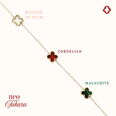 Rare 1 Only- 9ct Gold Four Leaf Clover Bracelet MOP Carnelian Malachite, 2 Sided — 第 1/4 张图片