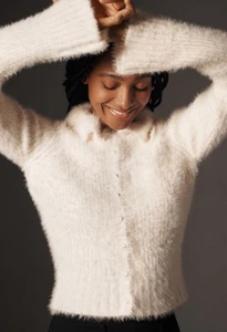 Anthropologie Pearl Button Fuzzy Cardigan Sweater Ivory Off White X-Small - Picture 1 of 12