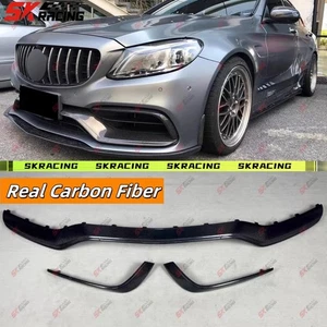 Fits 15-21 Benz C63 AMG S W205 Carbon Fiber Middle Lip+Front Bumper Canards Fins - Picture 1 of 29