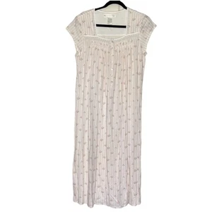 Eileen West Pink Striped Floral Cap Sleeve Pintuck Short Cotton Gown Sz Small - Imagen 1 de 8