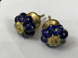 2 X Vintage Ceramic Door Knobs Pumpkin Style Drawer Pulls Cobalt Blue Gold Spots - Picture 1 of 7