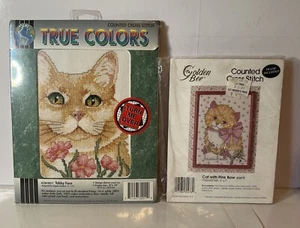 Nuevo Lote de 2 Kits de Punto de Cruz Contados para Gatos “Tabby Face” y Gato con Lazo Rosa - Imagen 1 de 5