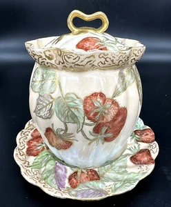 Antique Strawberry Jam Sugar Jar 1895 Signed Limoges France Lanternier Plate - Picture 1 of 11