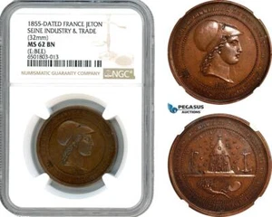 AH590, France, 1855 Bronze Medal, Seine Industry, Minerva, Bee Hive, NGC MS62BN - Picture 1 of 1