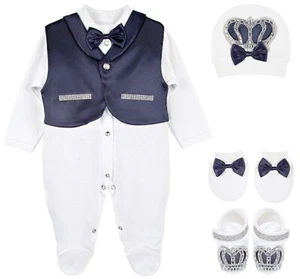 Baby Boy Jewels Crown Tuxedo Outfit Layette 5 Piece Gift Set 0-3 Months - Picture 1 of 40