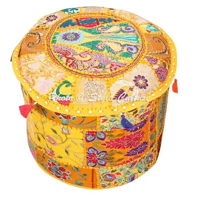 Indian Vintage Embroidered Patchwork Ottoman Pouf Yellow Footstool Ethnic Decor - Image 1 of 4