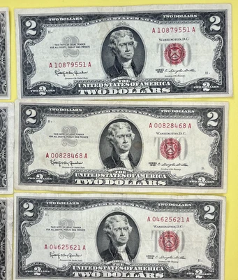 Lote de 8, US$ 1 e US$ 2, 1935 certificados de prata, notas dos EUA, selo azul e vermelho, 9551A - Imagem 1 de 4