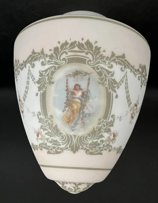 Antiguo colgante de luz de techo de vidrio pintado a mano con diosas en columpio Foto 1 de 4