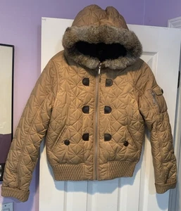 Kenneth Cole Reaction Womens Down Jacket Genuine Fur trim On Hood Taupe Size S - Picture 1 of 18