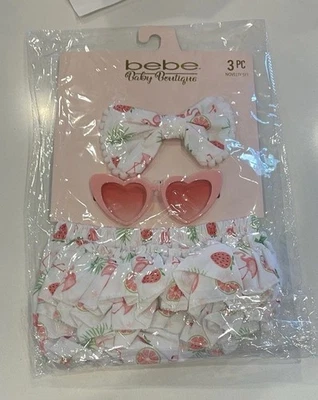 Bebe Baby Gift Shower  3-Piece Strawberry Print Outfit Set Flamingo NWT Pool - Image 1 of 4