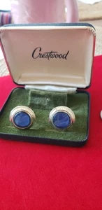 Vintage New Crestwood Cufflinks Silver And Blue Glass - Picture 1 of 4