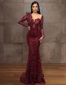Sheer Neck Prom Dress Long Sleeves Arabic Aso Ebi Bury Lace Beaded Evening Dress - Picture 1 of 9