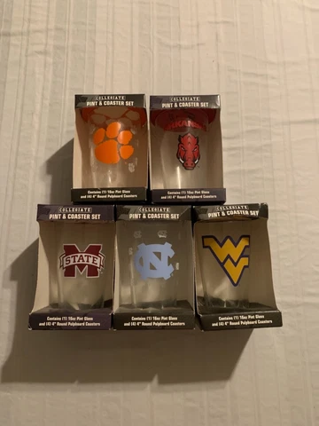 NCAA Assorted Teams 16oz Glass Mug with 4 Coasters Set Boelter Brand New Cover