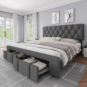 Full Queen King Size Bed Frame Upholstered Headboard Platform w/ Storage Drawers - Picture 1 of 12