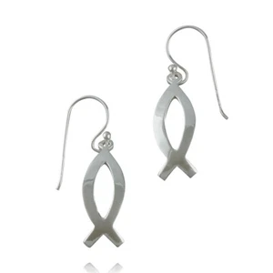 Ichthus Christian Fish Earrings Polished - 925 Sterling Silver Dangle Jesus Gift - Picture 1 of 4
