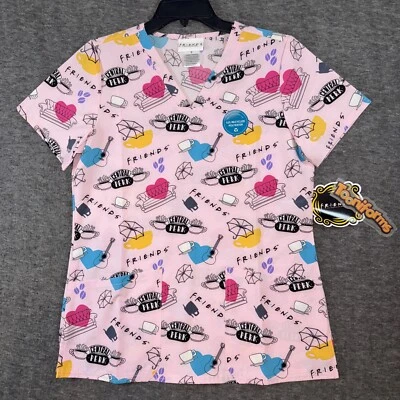 Friends Cherokee Scrub Warner Bros Tooniforms All Over Print V-Neck Top Sz S NEW - Image 1 of 4