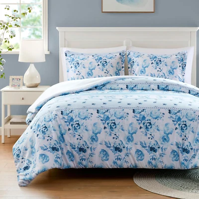 Queen Duvet Cover Set, Vintage Floral & Stripes Design, Solid Reverse, All Seaso Foto 1 de 4