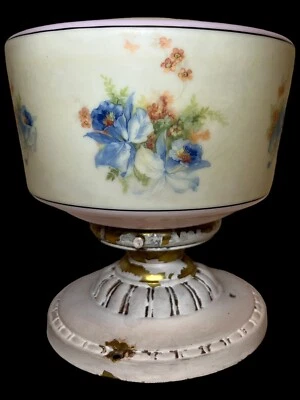 Antique Hand Painted Floral Glass Shade Art Deco Flush Mount Brass Light Fixture - Image 1 of 4