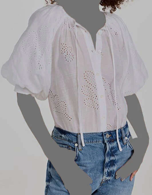 Frame Women's White Eyelet Short Puff Sleeve Button-Up Shirt Top Size XS