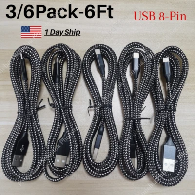 3/6Pack 6FT USB Braided Charger Cable For Apple iPhone 6 7 8 11 12 13 14 XR Cord - Image 1 of 4