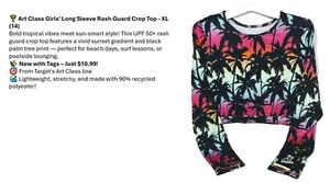 Art Class Girls’ Long Sleeve Rash Guard Crop Top–XL - Tropical Sunset Palm Print - Picture 1 of 7