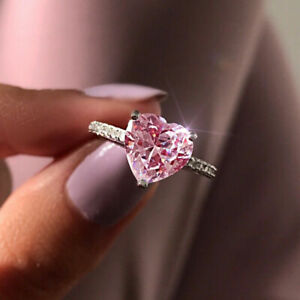 Heart Cut Pink Zirconia 925 Silver Rings Women Engagement Jewelry Ring Size 6-10