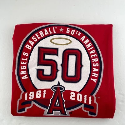 Angels T-Shirt Mens XL 50th Anniversary 2011 MLB Baseball w Lanyard Red - Image 1 of 4