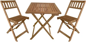 3-Piece Square Outdoor Bistro Set (Acacia Wood) - Balcony Table & Chairs Yard - Picture 1 of 7