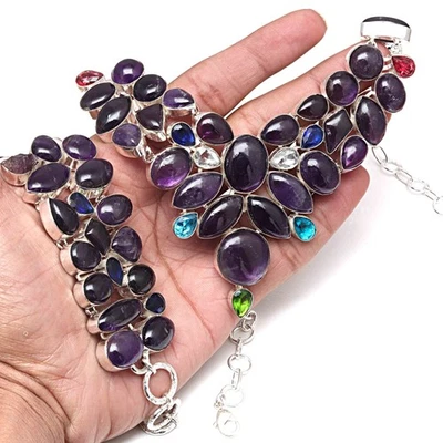 Amethyst Cabochon Swis Blue Gemstone Jewelry Necklace Bracelets18-20'' - Image 1 of 4
