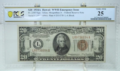 1934A $20 Hawaii WWII Emergency Issue Fr.2305 PCGS 25 Detail #6694 - Image 1 of 2